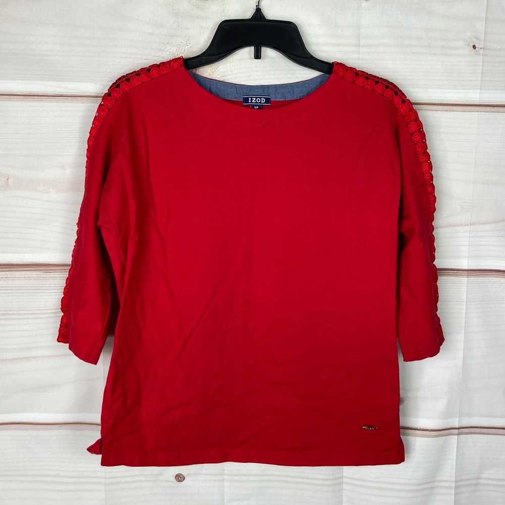 IZOD Top Women S Red 3/4 Sleeve Boat Neck T-Shirt Crochet Trim Cotton Knit Solid